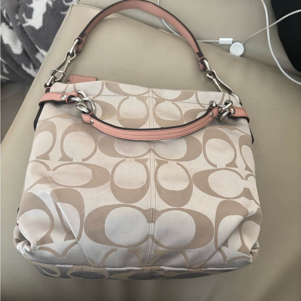 Coach Beige Signature Canvas Shoulder Bag with Pink Trim